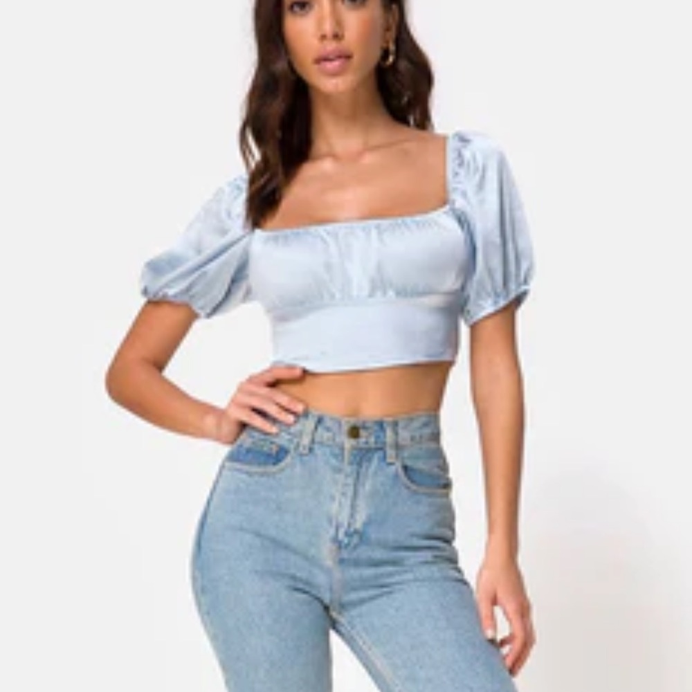 Motel Rocks Satin Blue Puff Sleeve Crop Top Size Small
